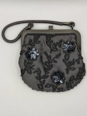 Vintage 1990s Express Dk Gray Satin Clutch Bag w Sequin Floral Embroidery Silver